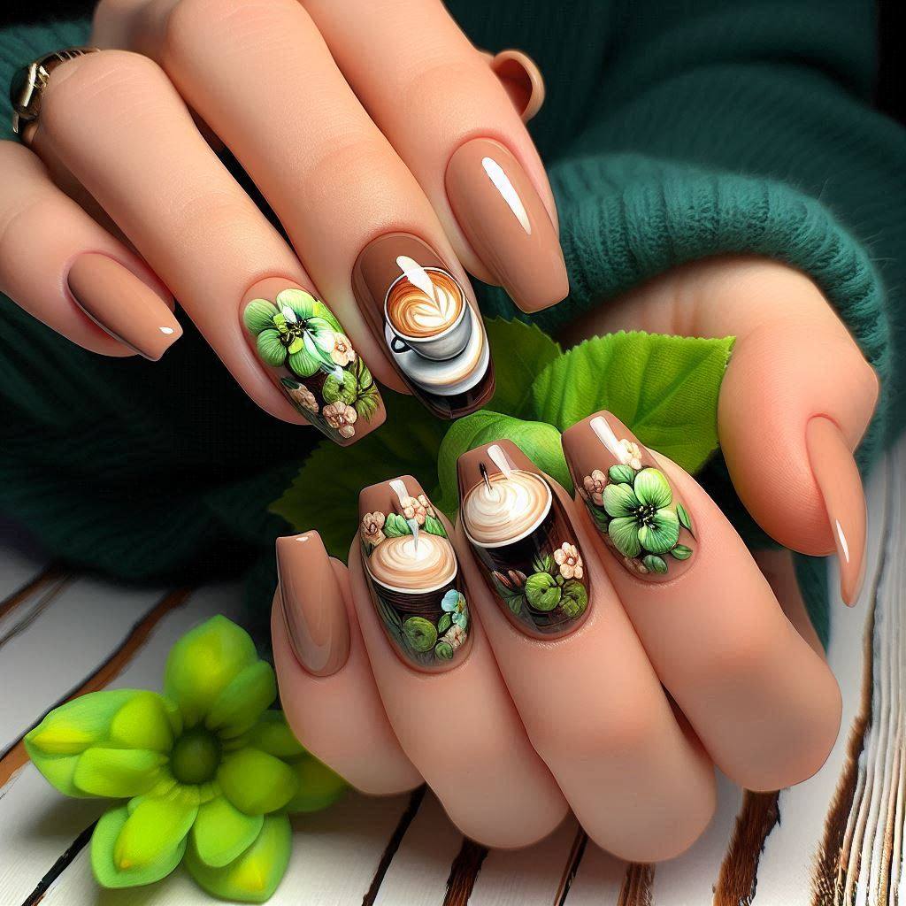 Hands with detailed nail art featuring latte art, green flowers, and nature designs on long nails