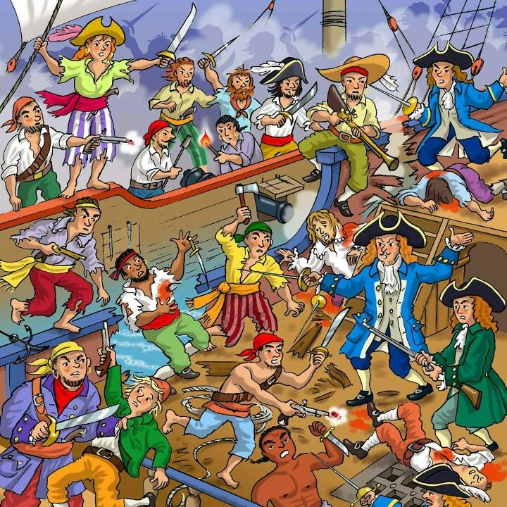 Colorful cartoon illustration of pirates fighting and celebrating on a crowded wooden ship deck