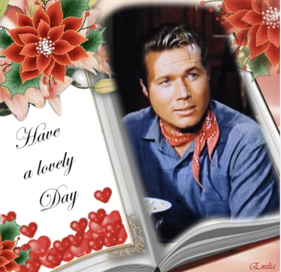 Open book illustration with red flowers, heart beads, a male portrait, and the text Have a lovely Day