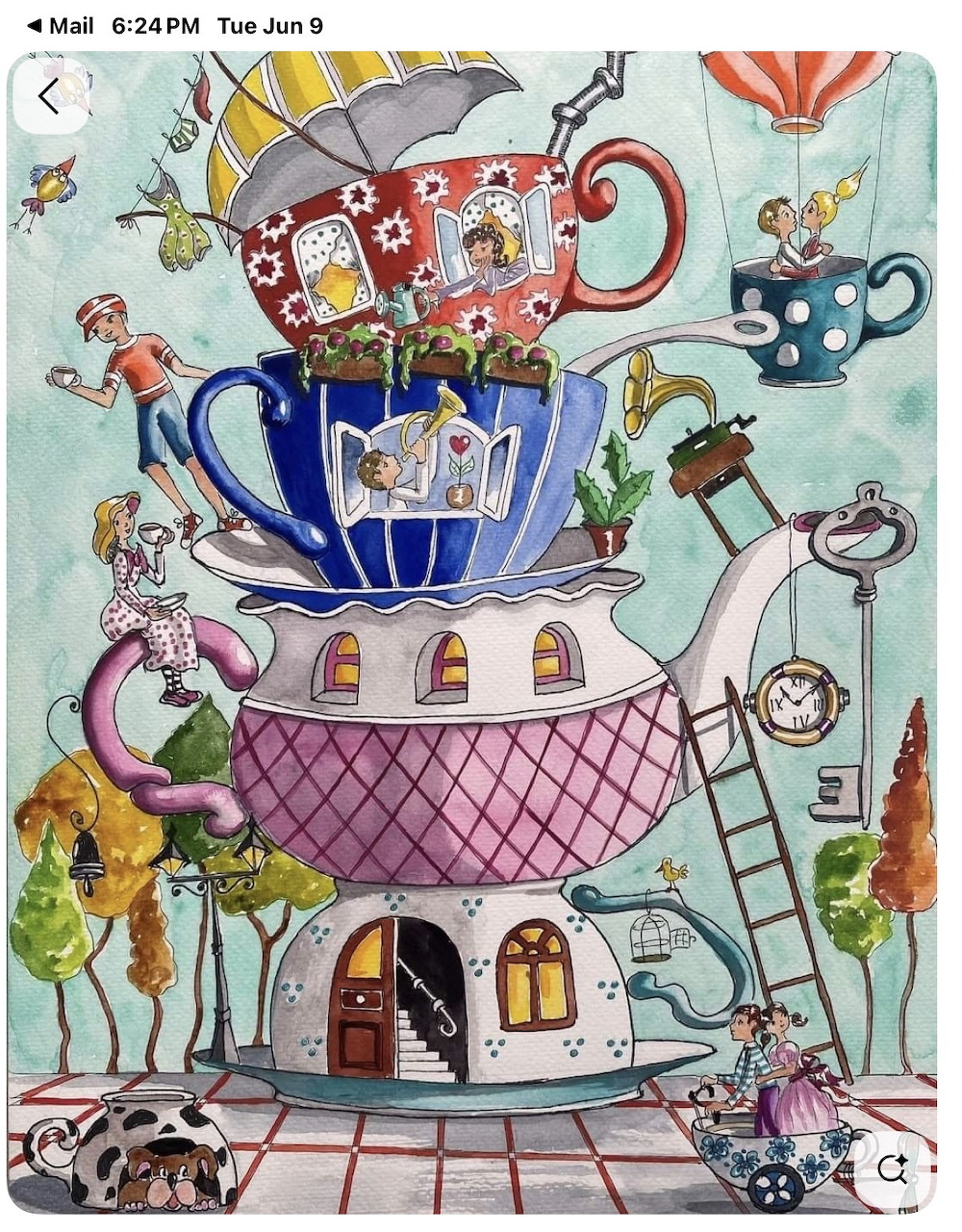 Whimsical illustration of a tall house made from stacked teacups and teapots with ladders and tiny trees