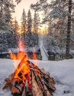 Crackling bonfire with orange flames burning in deep snow surrounded by frost-covered evergreen trees at sunset