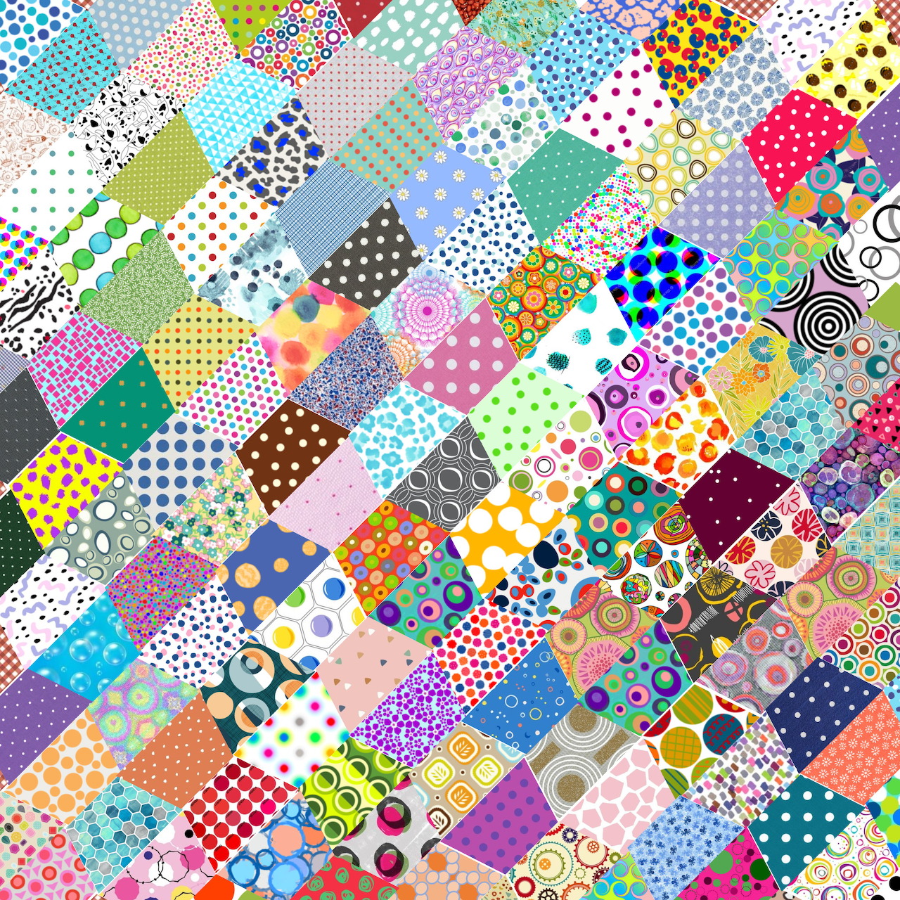 Colorful patchwork quilt pattern with hundreds of small squares in varied patterns and bright colors