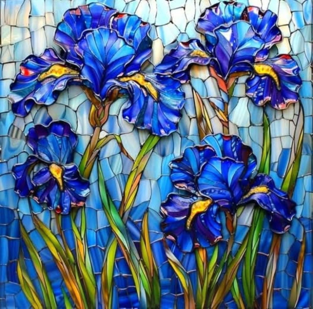Blue iris flowers in stained glass mosaic art with colorful glass pieces forming petals and stems