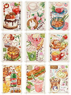 Nine-panel watercolor illustration grid showing various foods: cakes, tea cups, pasta, and desserts with flowers