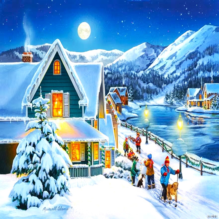 Snowy village night scene with Victorian houses, skaters on frozen river, full moon, and mountains