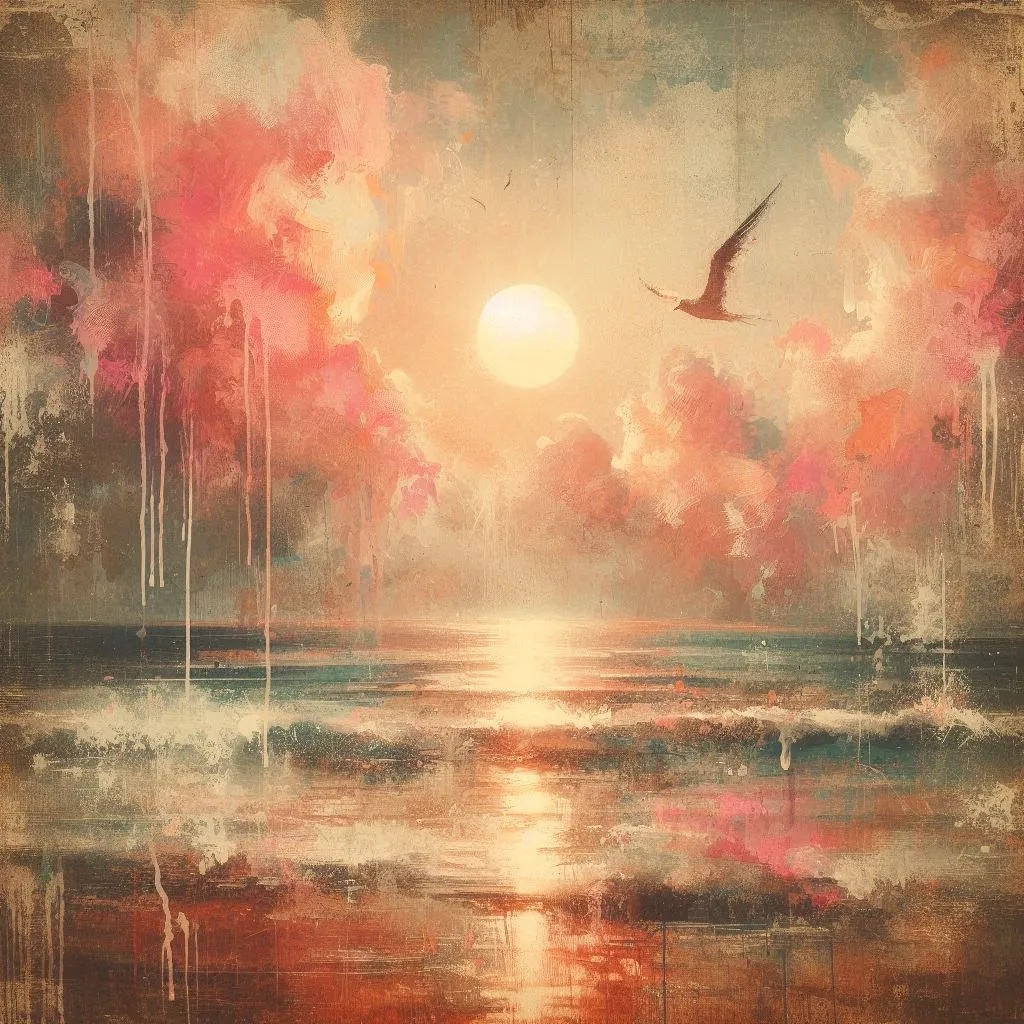 Soft painting of a sunrise over water with pink clouds and a bird in flight