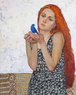 Painting of woman with long red hair holding blue bird in floral dress