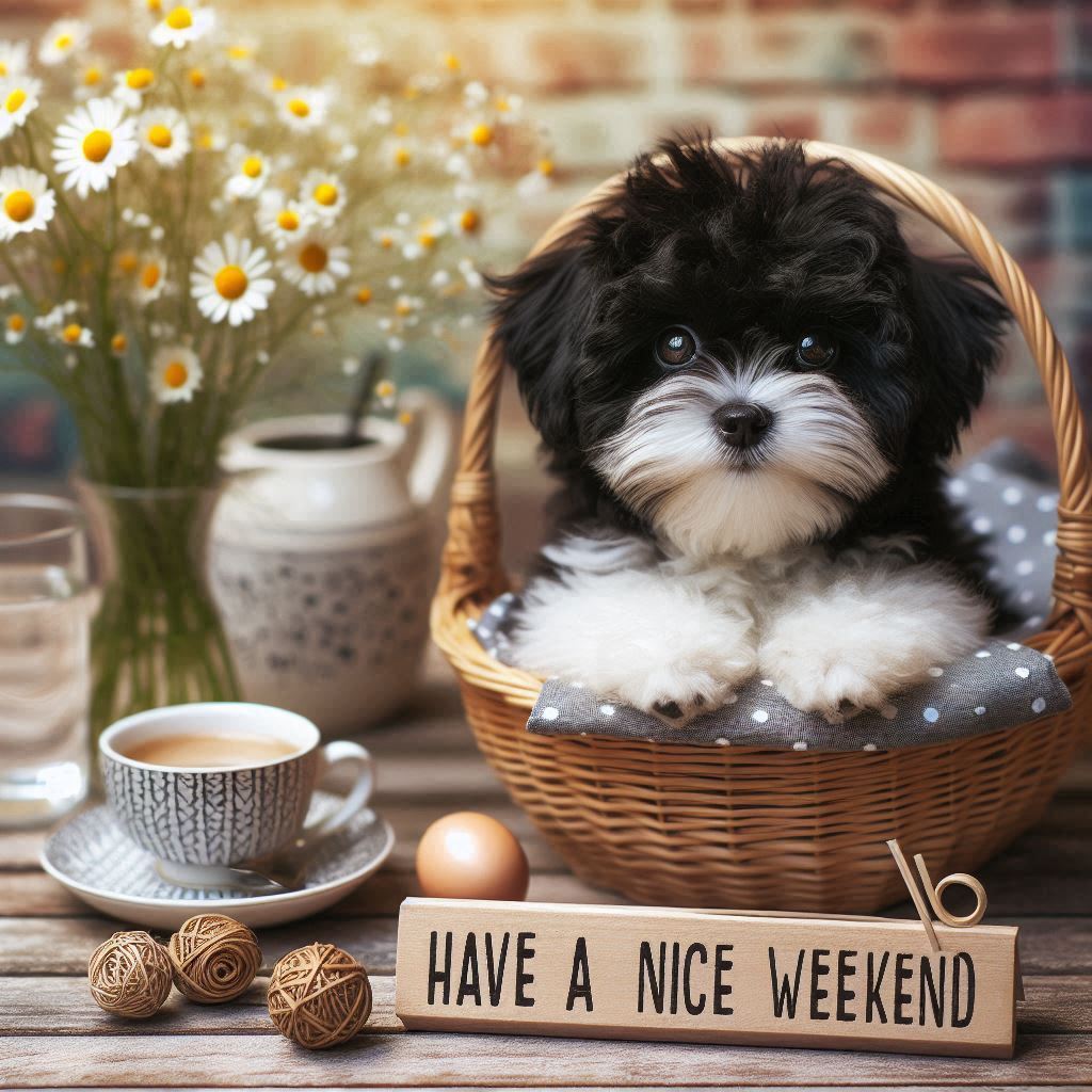 Small black and white puppy in wicker basket with flowers and coffee cup on wooden table