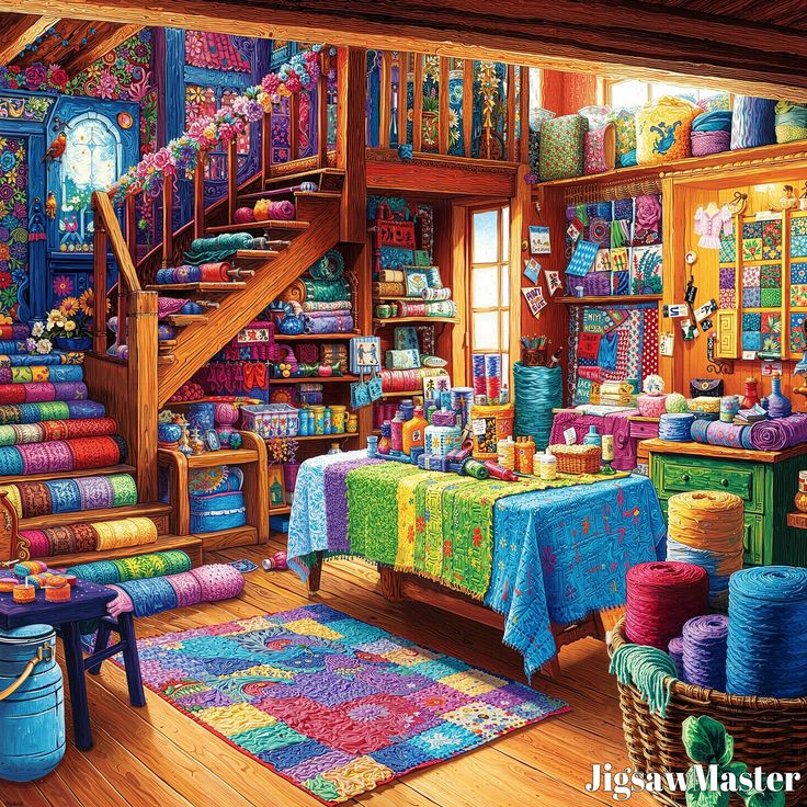 Colorful yarn and fabric shop interior with shelves, tables, rugs, and stacked skeins
