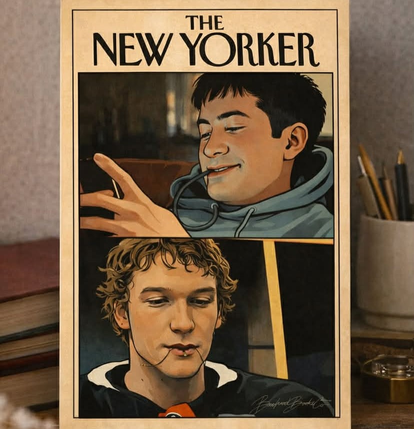 Illustrated cover with two stacked portraits of young men, shown upright on a desk