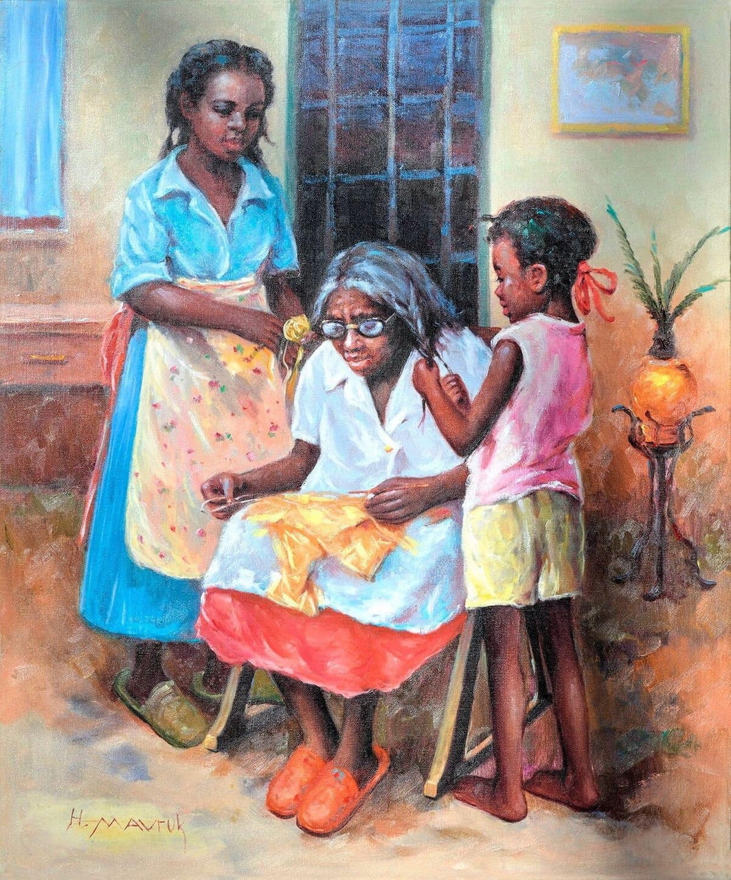 Watercolor painting of grandmother, mother, and child together in a home setting with warm tones