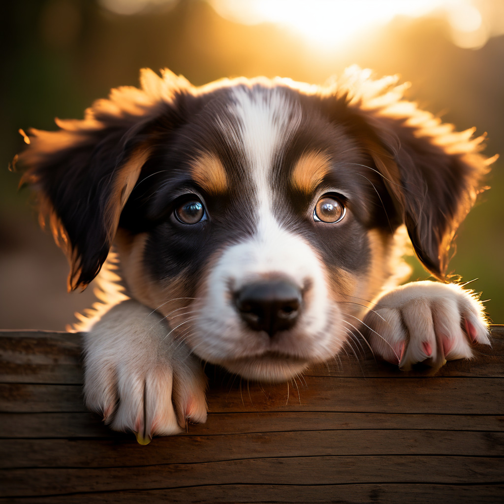 Close-up of a puppy peeking over a weathered wooden board in warm sunlight