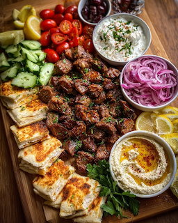 Overhead view of a Mediterranean meze platter with grilled meat, dips, cheese, and fresh vegetables on a wooden board