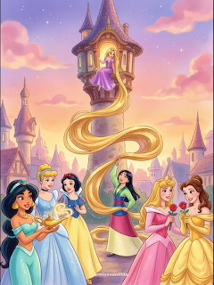 Disney princesses around a glowing tower with golden hair spiraling down under a pink and purple sunset sky