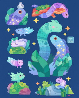 Cute cartoon illustration of colorful water snakes and reptiles with plants on dark blue background