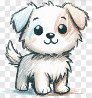 Cute cartoon drawing of a small fluffy white and tan puppy with big eyes and wagging tail