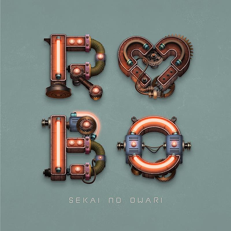 Four metallic robotic letterforms on a blue background with SEKAI NO OWARI text below