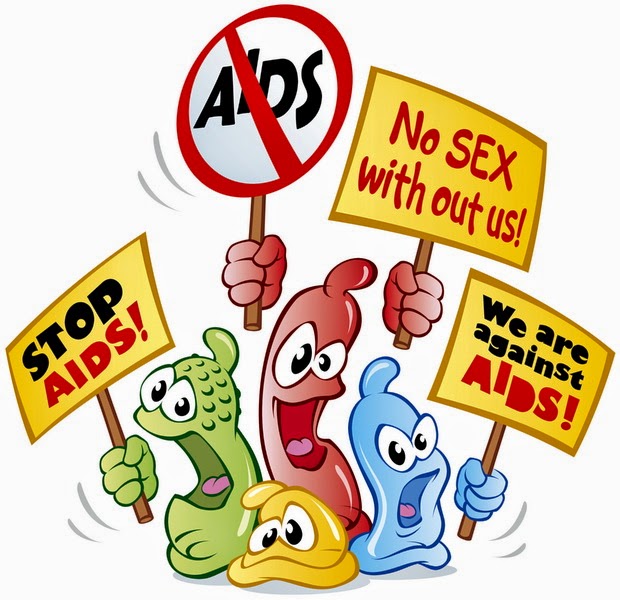 Cartoon condom characters holding anti-AIDS and safe sex protest signs