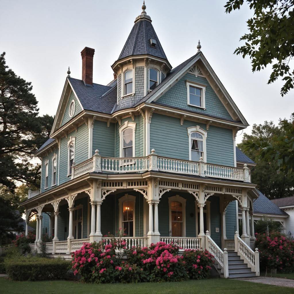 Victorian mansion with turret, wraparound porch, and pink flowering bushes in front yard