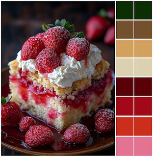 Strawberry cake slice with whipped cream on a plate next to a vertical color palette