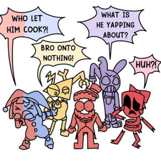 Colorful cartoon characters standing together with speech bubbles in a humorous scene