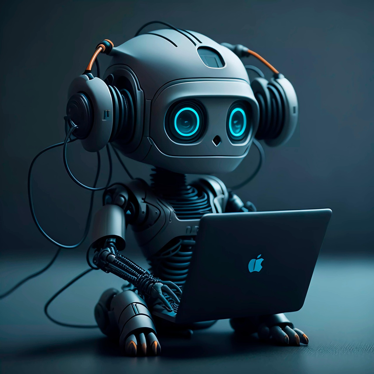 Cute blue-gray robot with headphones using a laptop on a dark background