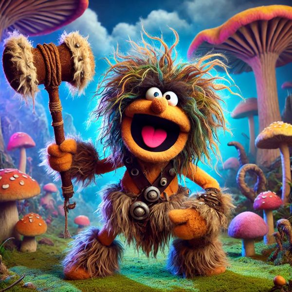 Joyful cartoon creature with spiky hair holding staff among giant mushrooms in fantasy world