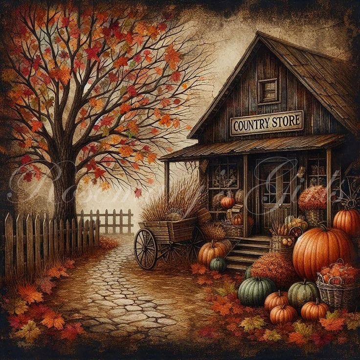 Rustic country store with pumpkins and autumn tree in fall setting