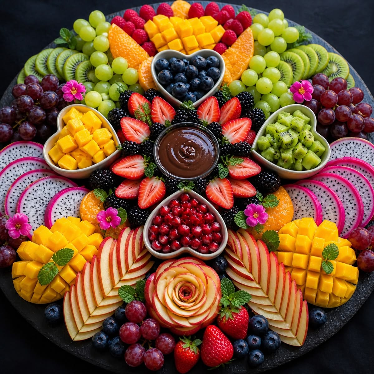 Symmetrical fruit platter with colorful fresh fruits arranged in mandala pattern with heart-shaped bowls
