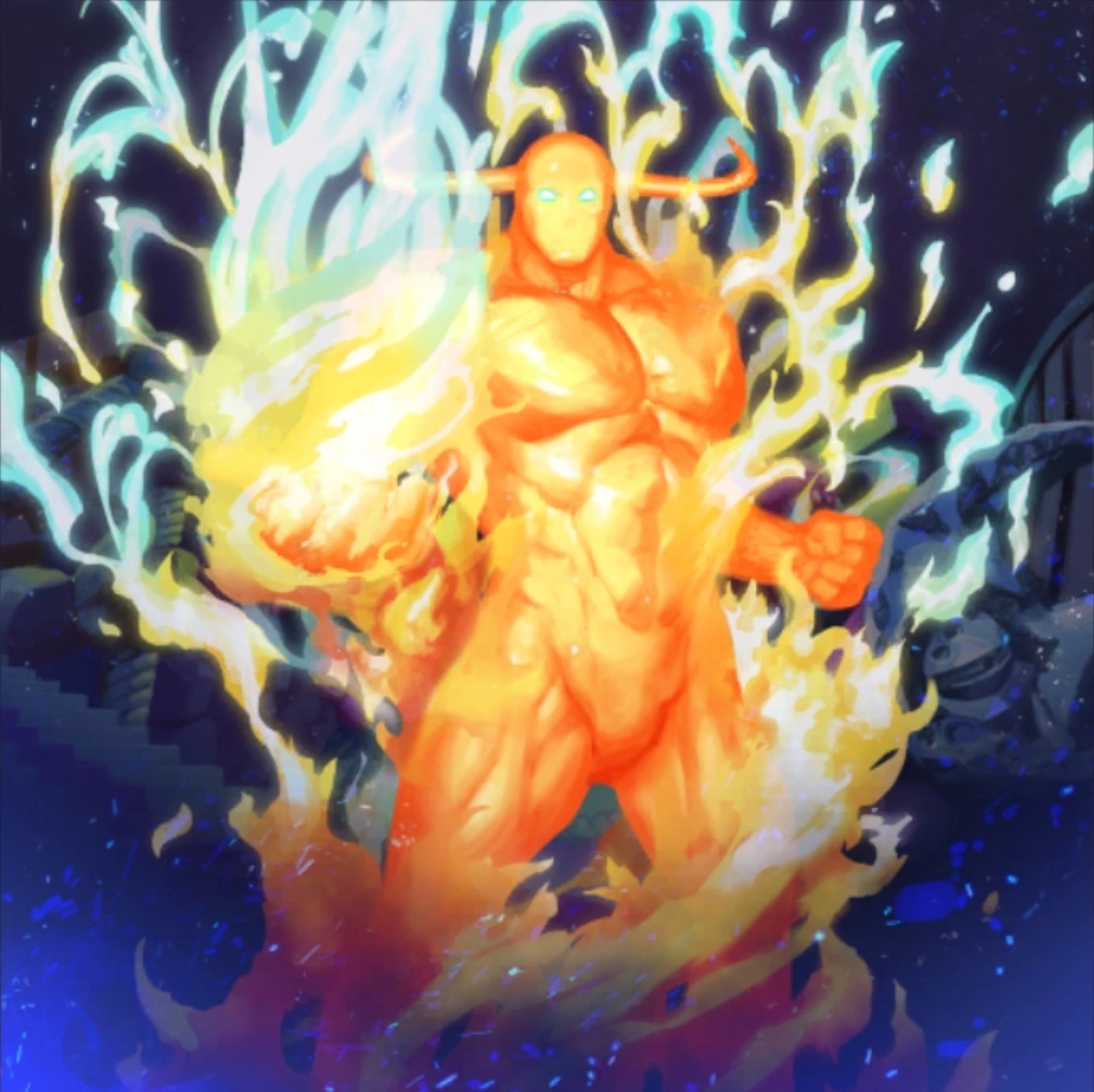 Glowing orange humanoid figure with blue and white flames in a dark fantasy illustration