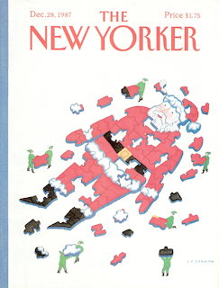 Illustrated magazine cover with small figures assembling a red jigsaw puzzle shaped like Santa Claus