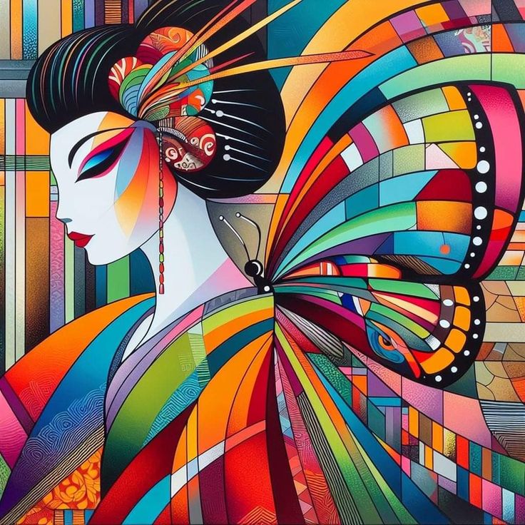 Colorful digital art of woman in profile with large rainbow butterfly wings and geometric rainbow patterns