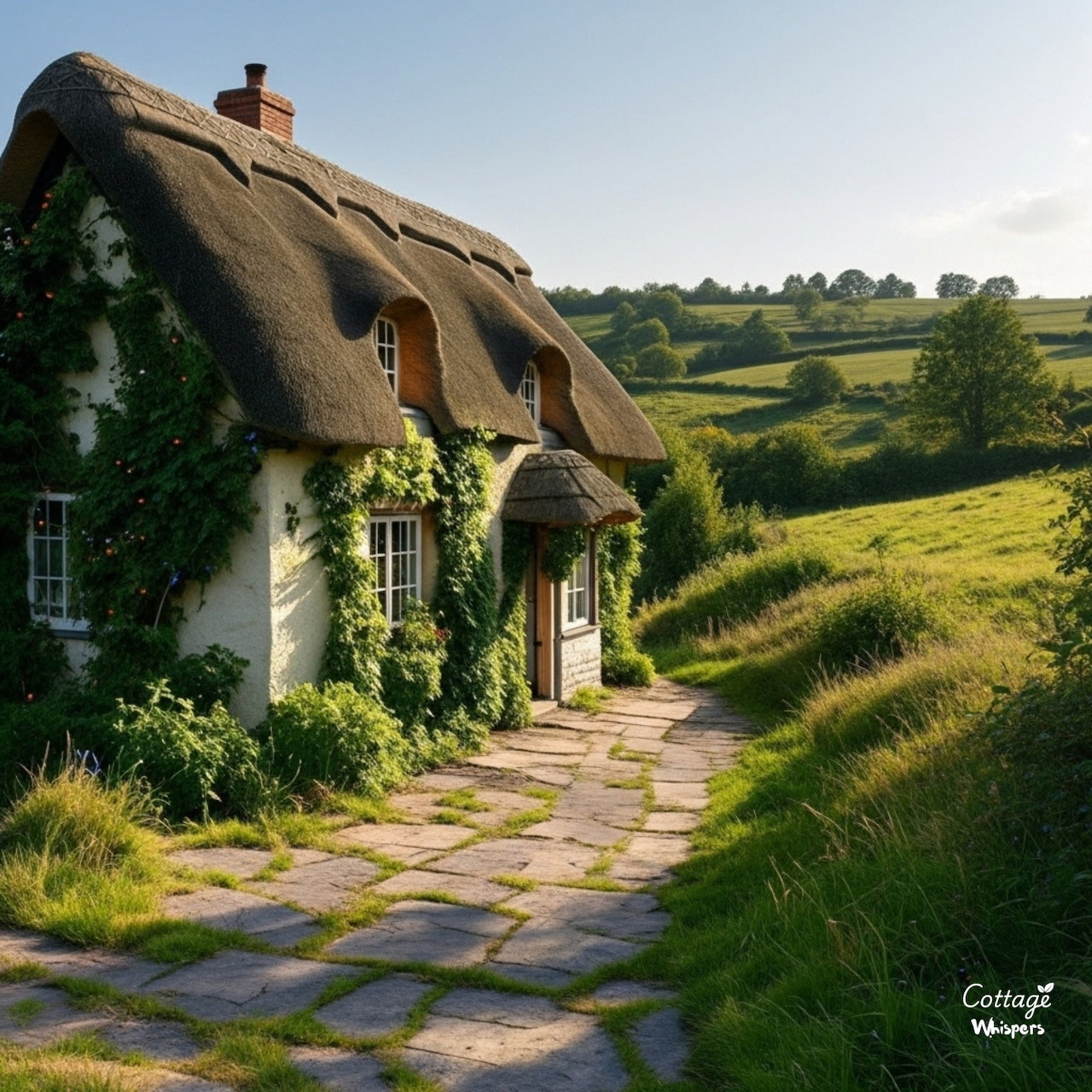 Quaint thatched cottage with ivy on cobblestone path through green hills