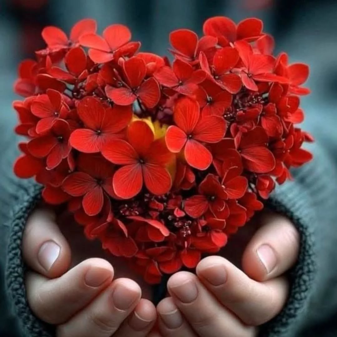 Small hands holding a heart-shaped arrangement of red flowers