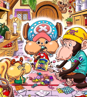 One Piece anime characters gathered indoors in a cheerful, detailed scene