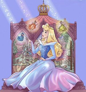 Disney Princess Aurora in blue dress sitting on purple throne with fairies and crown above