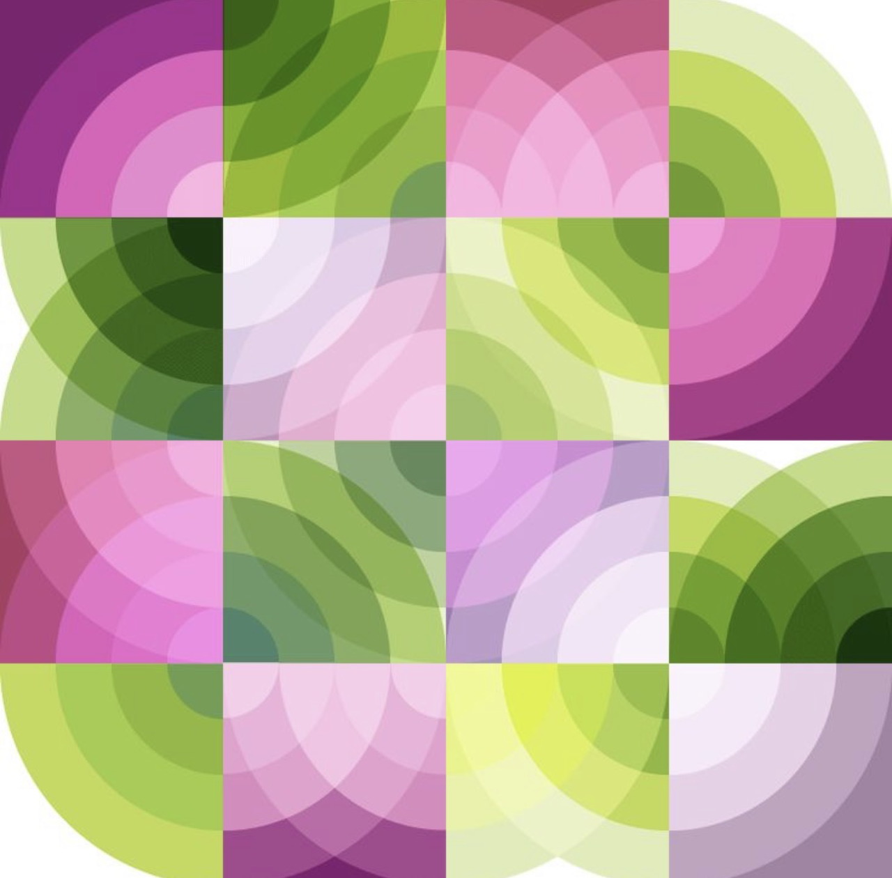 Colorful geometric pattern with overlapping concentric circles in pink, purple, green, and yellow tones