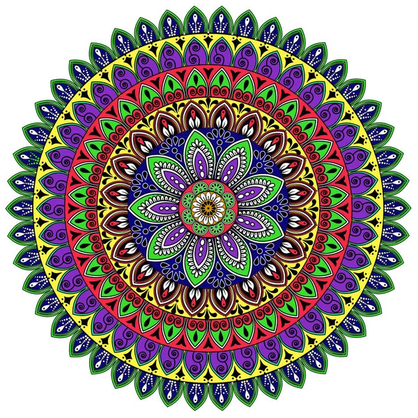 Detailed circular mandala with layered colorful geometric and floral patterns radiating from center