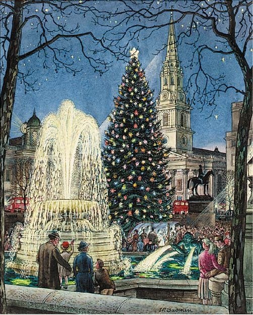 Painting of Trafalgar Square at Christmas night with decorated tree, fountain, and people