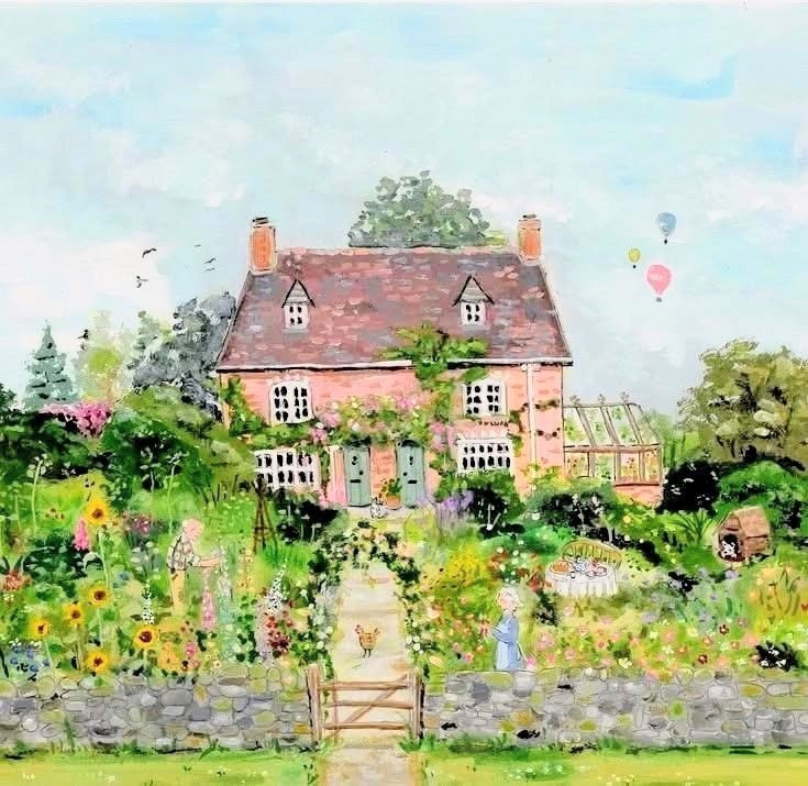Watercolor cottage with red roof in colorful garden with flowers and pathway