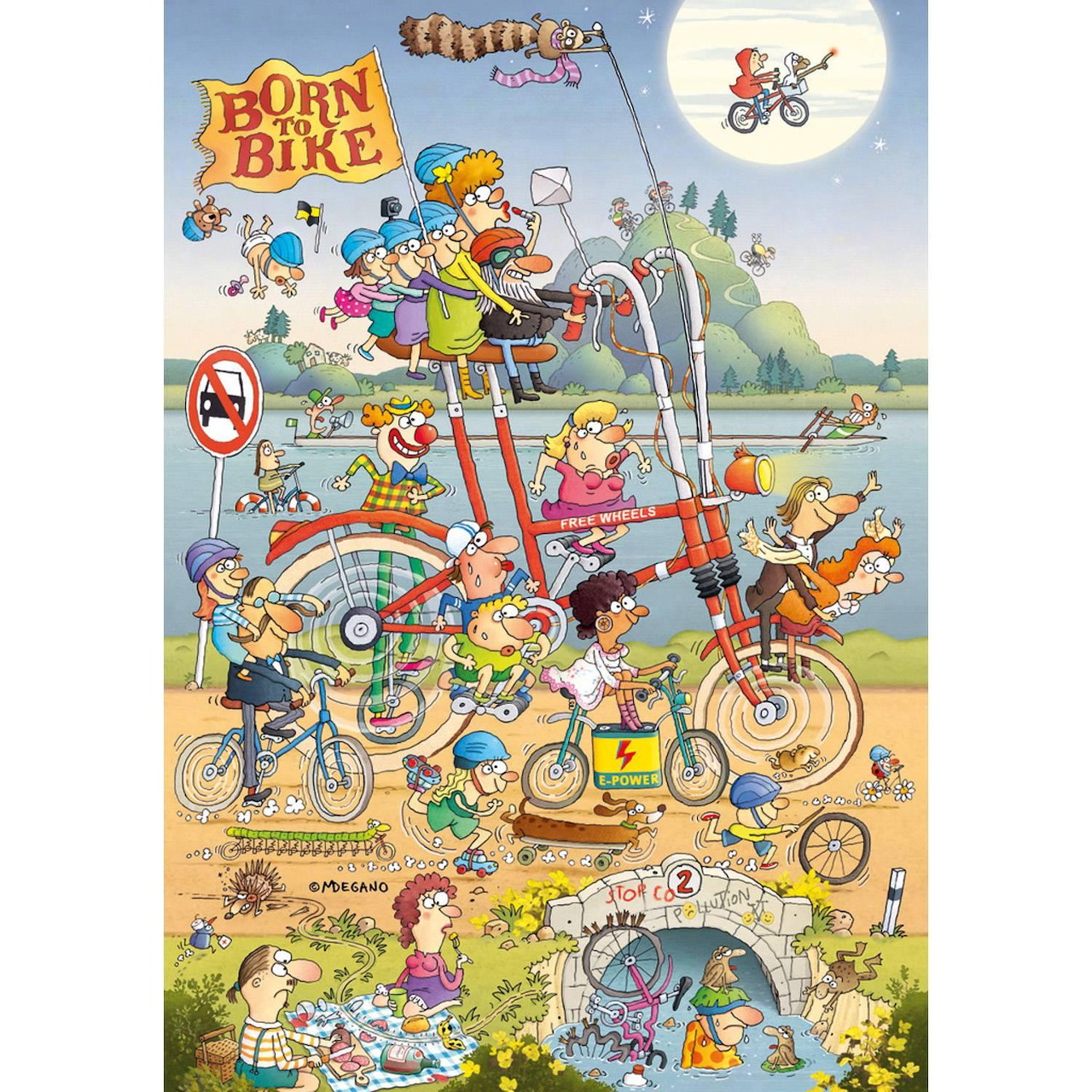 Colorful cartoon scene of kids riding bikes in a park with playful chaos and humorous details