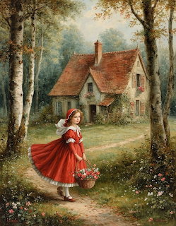 Young girl in red cape walking on path toward cottage with birch trees