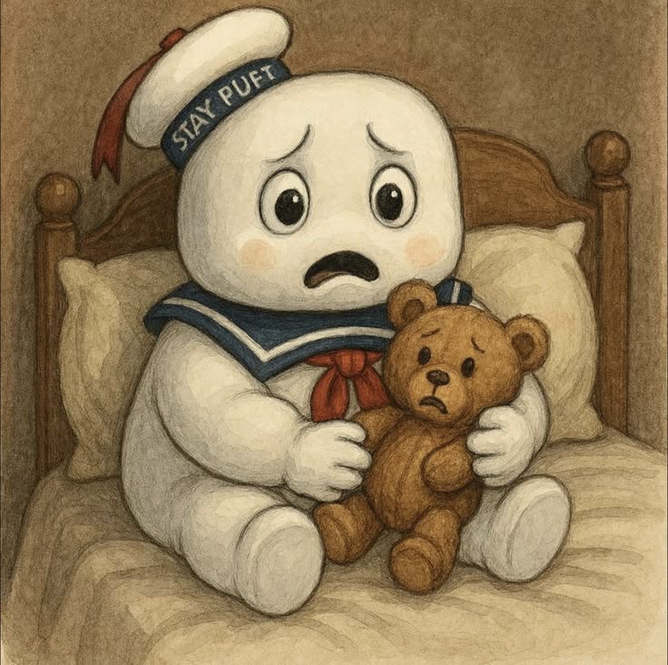 Stay Puft Marshmallow Man sitting on a bed holding a teddy bear