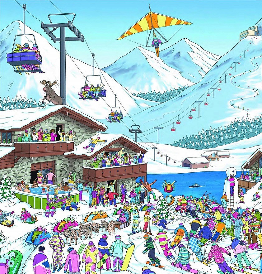 Colorful illustrated ski resort with chairlifts, mountain chalets, skiers, and snowy peaks under blue sky