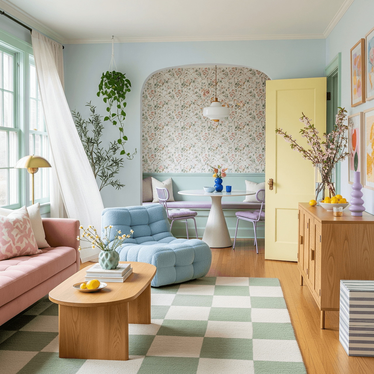 Pastel living and dining nook with pink sofa, blue chairs, yellow cabinet, and floral wallpaper