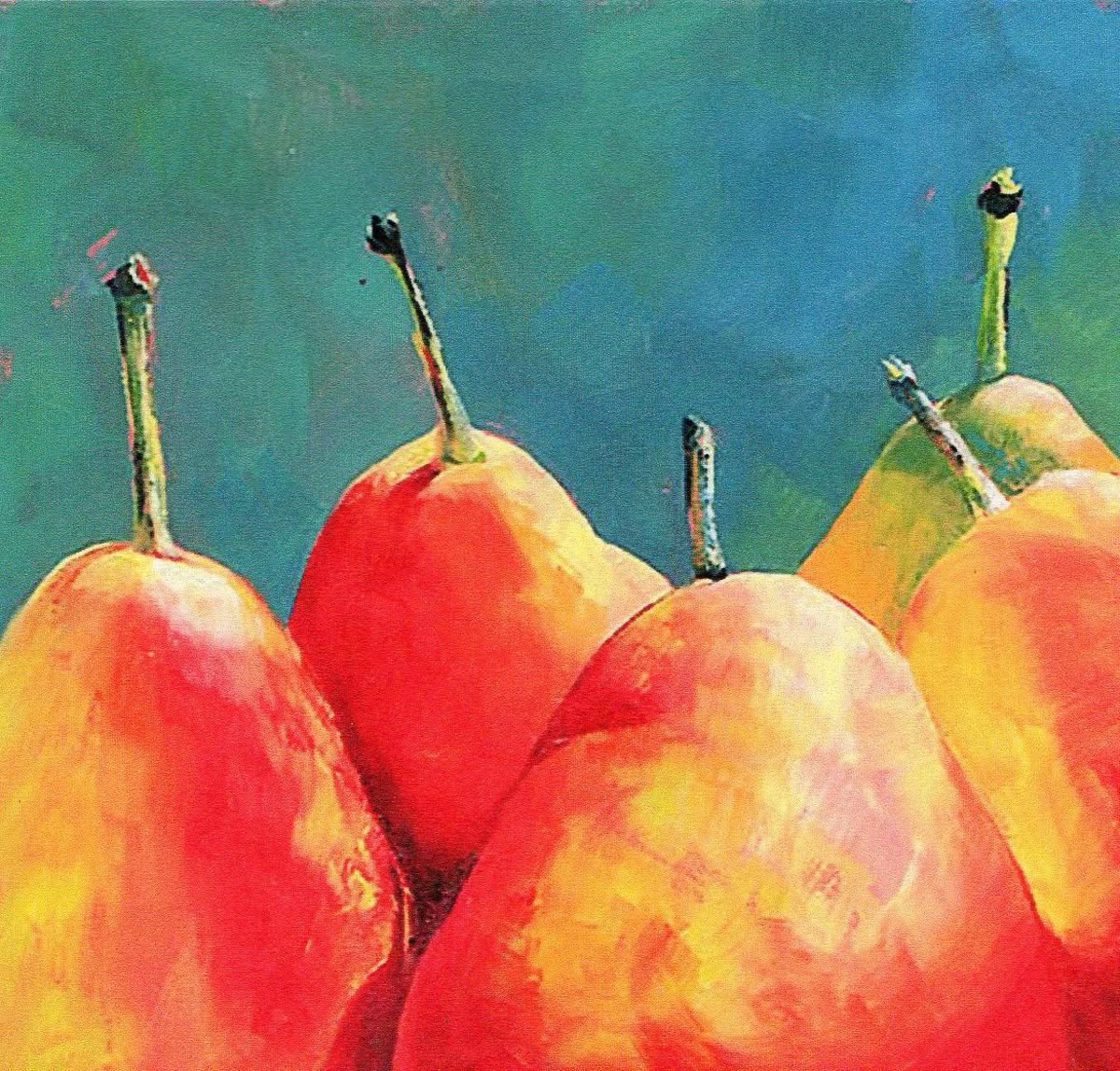Painting of colorful pears with red, orange, and yellow hues on a blue-green background