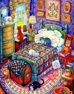 Colorful painted bedroom interior with a patchwork bedspread, sleeping cats, dresser, and window