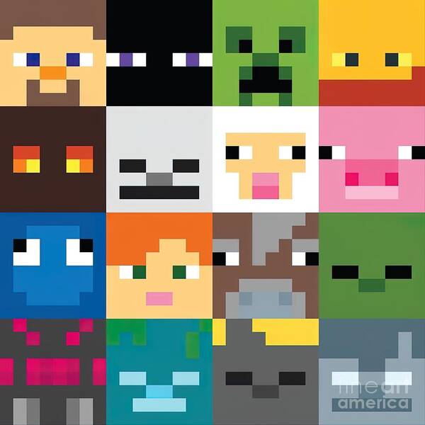 Grid of 16 pixelated Minecraft character faces in colorful squares
