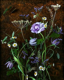 Painting of purple and white wildflowers on a dark brown background