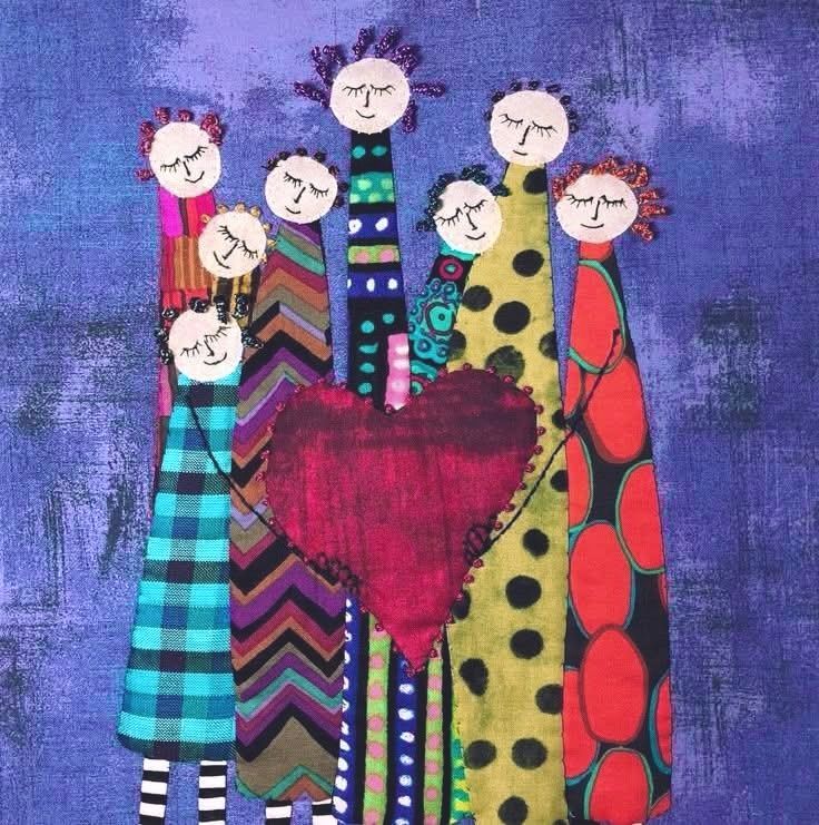 Folk art illustration of seven smiling figures in colorful patterned clothes around a red heart on blue background
